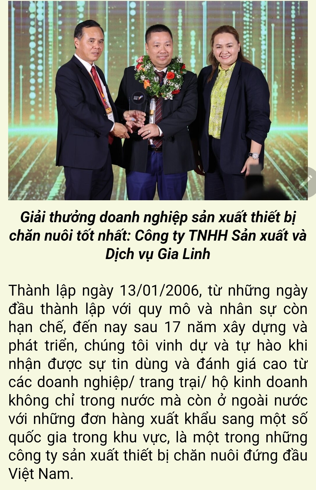 Hội chợ Vietstock 2023 - Giải thưởng doanh nghiệp sản xuất thiết bị chăn nuôi tốt nhất